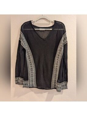 Velvet By Graham & Spencer V Neck Oversized Mesh Sweater Small Black Linen